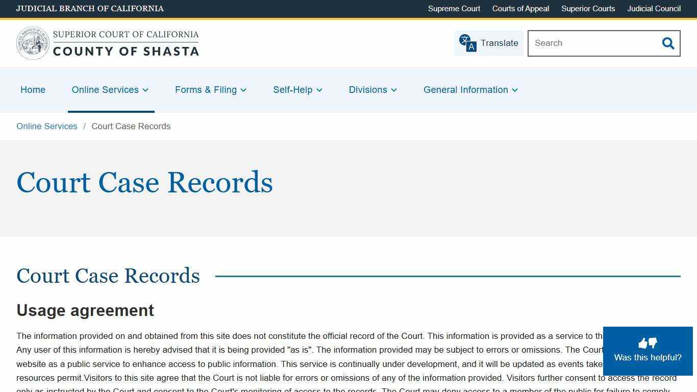 Court Case Records Superior Court of California County of Shasta